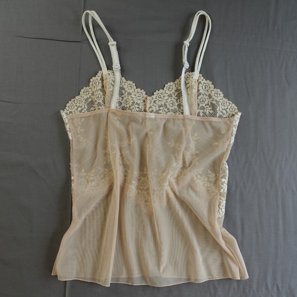 Y2K Lace Trim Cami Top Med Beige Cream Sheer Mesh Coquette Fairy Feminine Dainty - Picture 2 of 7